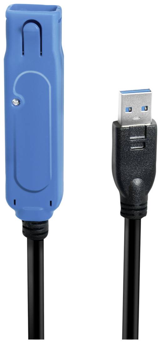 'Blauw-zwarte USB 3.0-kabel met een stekker en een smal behuizing.'