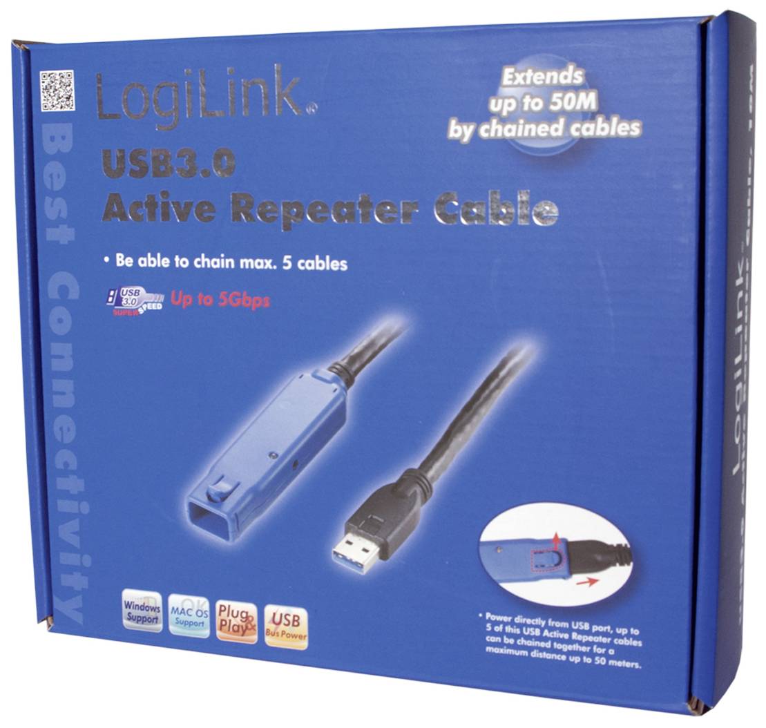 'LogiLink USB3.0 Active Repeater Cable' verpakking toont een blauwe USB-verlenging met kabel, ondersteunt tot 50m en 5 Gbps.