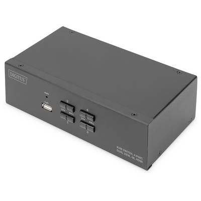Een 4-poorts KVM-switch van Digitus, zwart, met HDMI-aansluitingen. Vier knoppen voor het bedienen van aangesloten apparaten zichtbaar aan de voorkant.