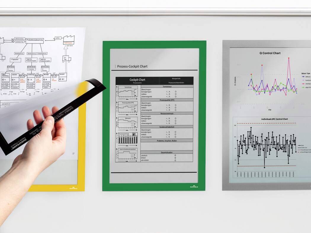 Een hand wijst naar drie diagrammen aan de muur met een zwarte rand, die verschillende processen en gegevens weergeven.