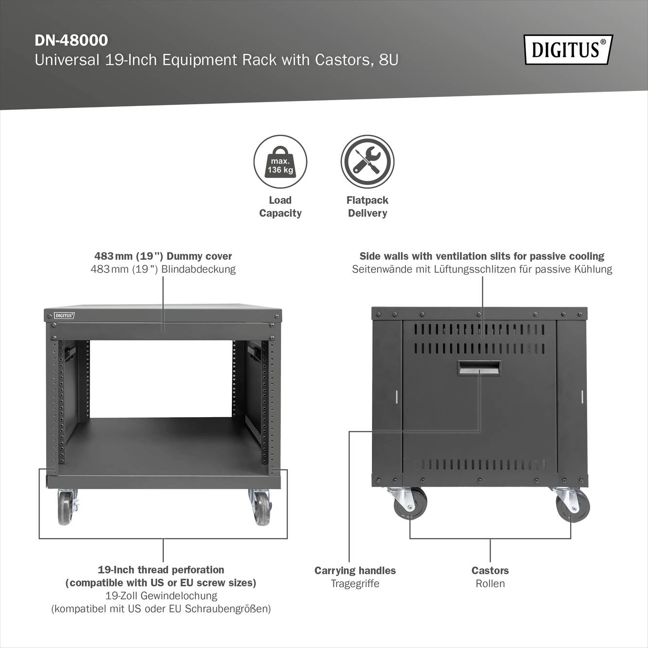 'DN-48000: Universeel 19-inch apparaatrek op wielen, 8 standaardeenheden, belastbaar, met blindafdekking, ventilatieopeningen, handgrepen.'