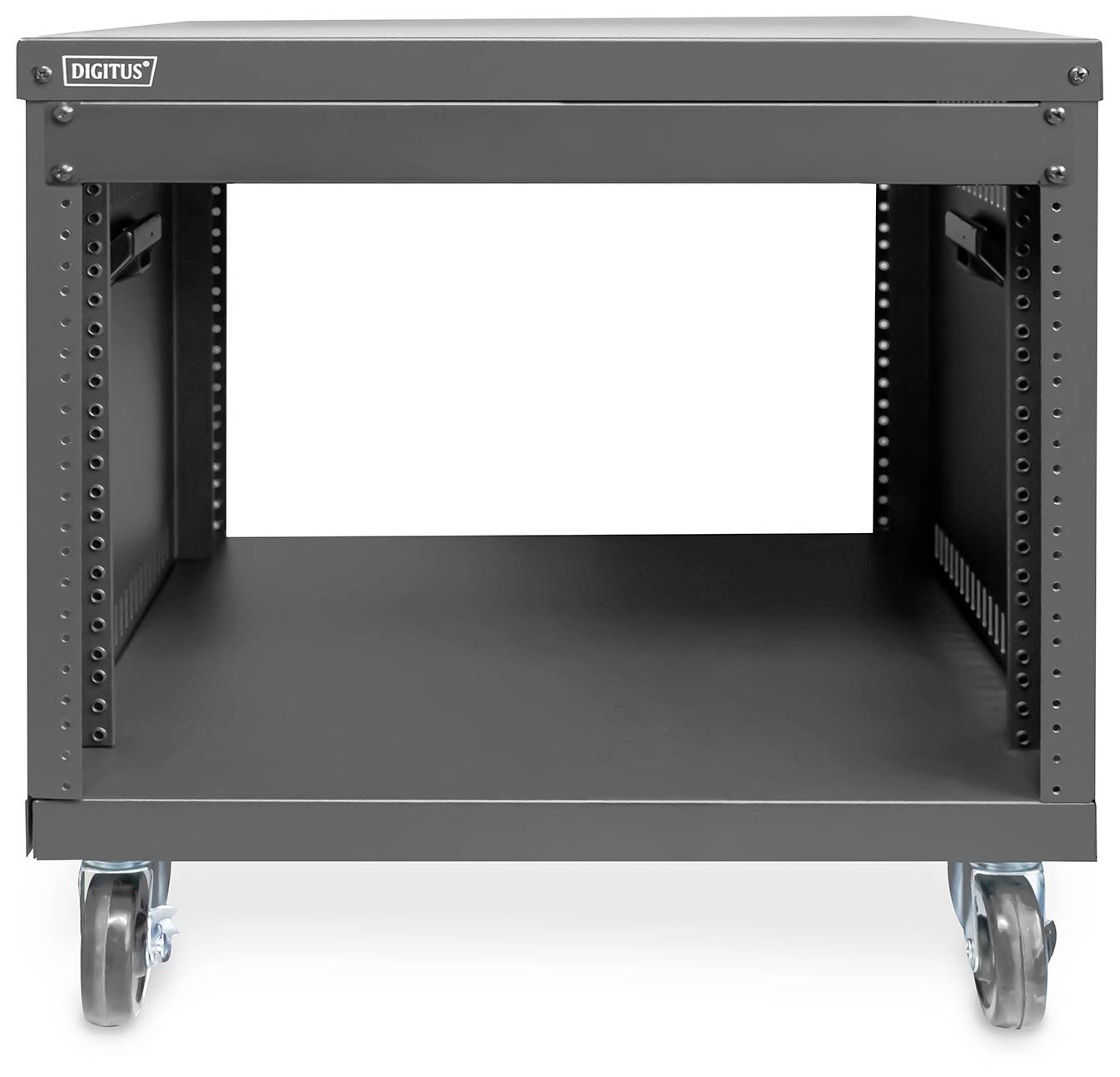 Zwart, verrijdbaar serverrek van Digitus met open toegang aan voor- en achterzijde, geschikt voor de montage van IT-apparatuur.