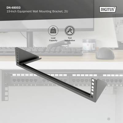 Het beeld toont een zwarte 19-inch wandsteun voor apparaten, 2HE, voor een computermonitor. Bovenaan staat 'DN-48003'.