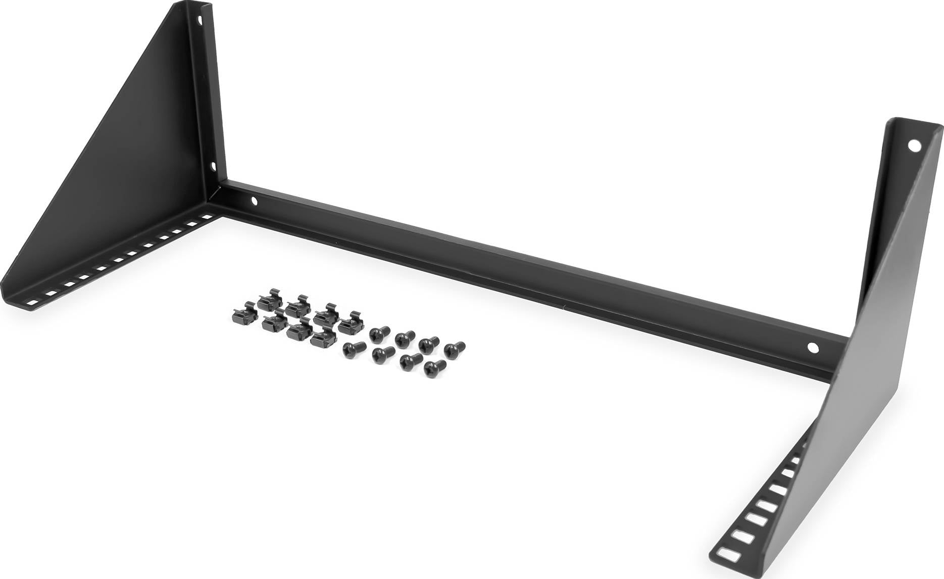 Zwarte wandbeugel voor 2U-rack-apparaten met zijdelingse bevestigingsoren en bijbehorende schroeven, geschikt voor montage van apparaten in een netwerkrek.