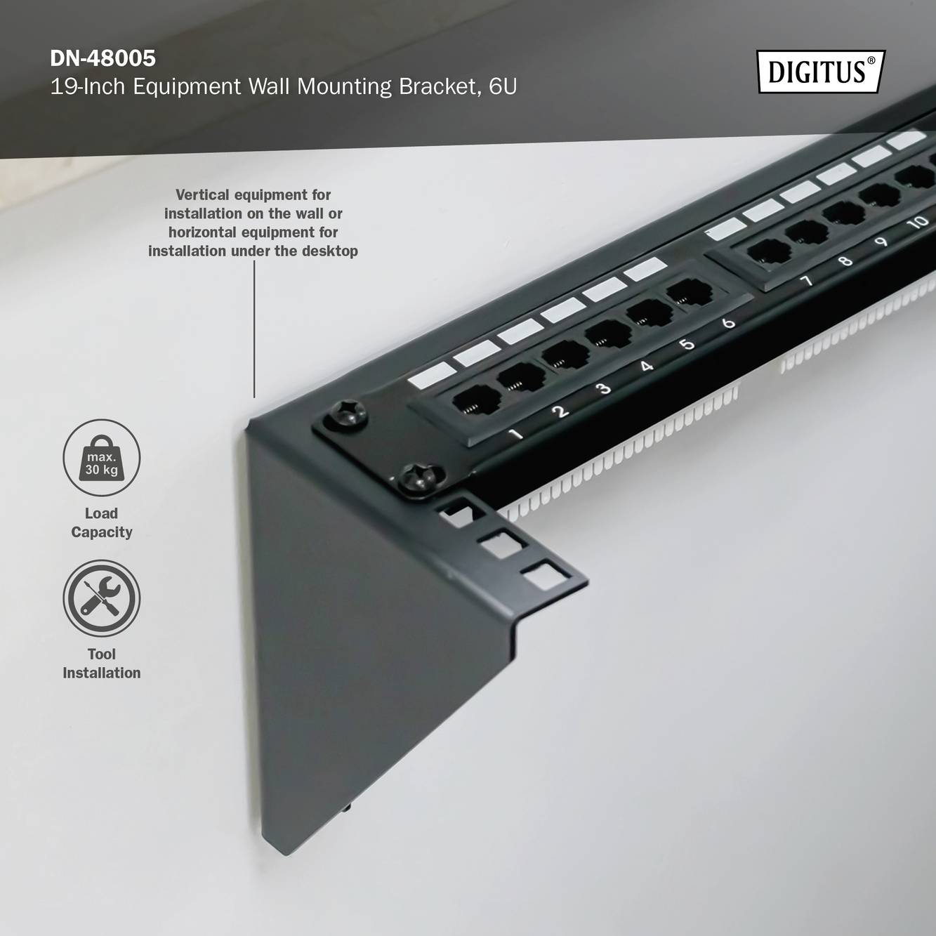 Montageshop voor 19-inch apparaten, 6U, geschikt voor horizontale of verticale bevestiging, ondersteunt max. 30 kg. Tool-installatie.