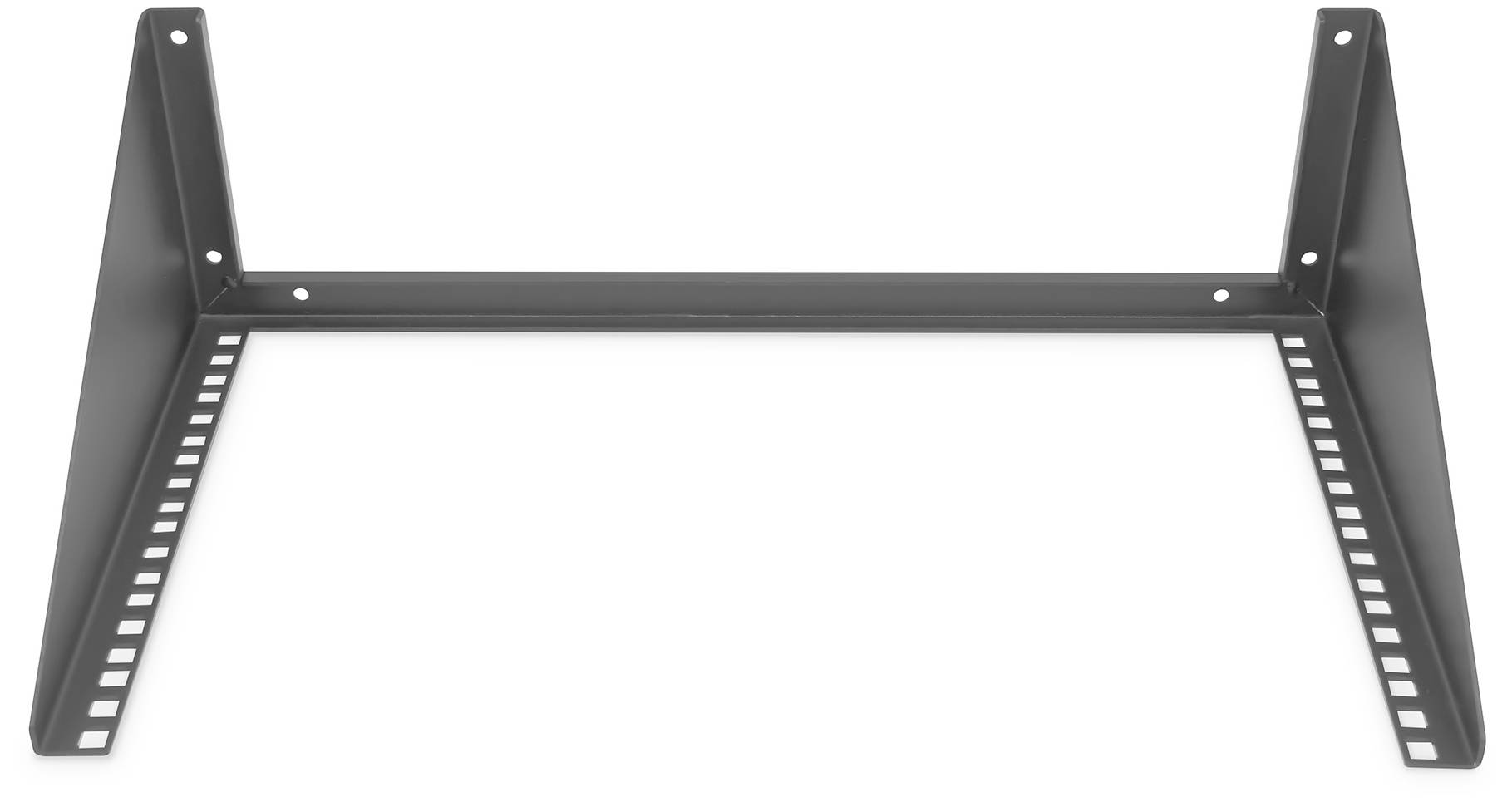 L-vormige metalen steun met symmetrische gaten langs de zijkanten, geschikt voor montage van schappen of technische apparatuur.