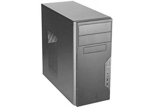 Zwart computerbehuizing met voorpaneel-aansluitingen en ventilatieroosters aan de zijkant, geschikt voor het assembleren van een desktop-pc.
