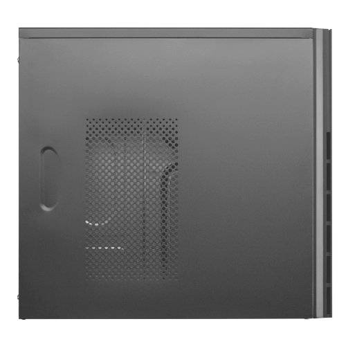 Zwart computerbehuizing met geperforeerde zijwand voor ventilatie, zijdelingse ventilatieopening en rechthoekige vorm.