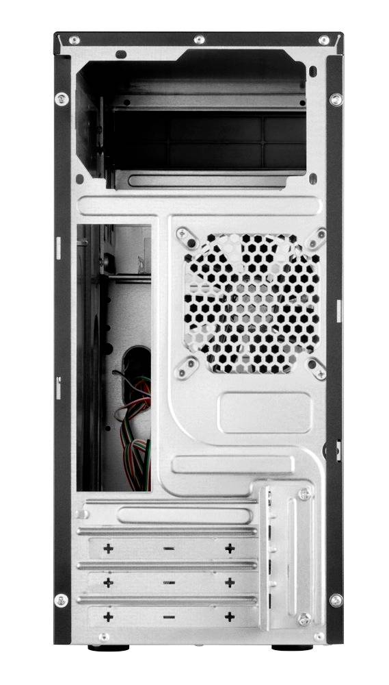 Achterkant van een computerbehuizing met ventilator, ventilatierooster en meerdere uitbreidingssleuven, geen geïnstalleerde componenten zichtbaar.
