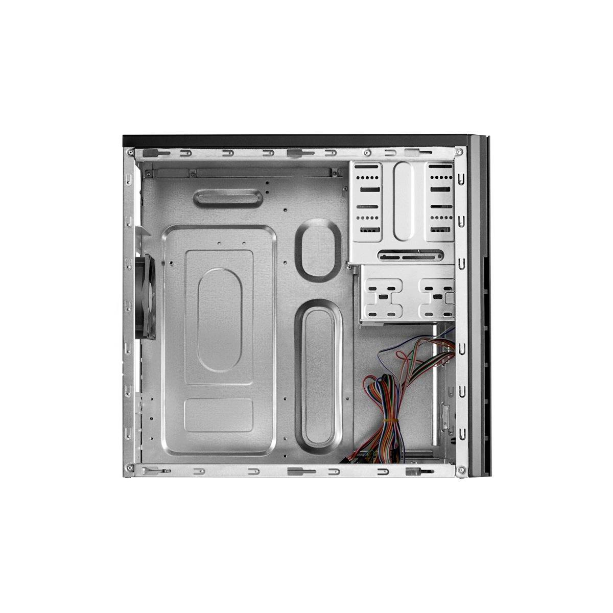 Open pc-behuizing met zichtbare inbouwsleuven en kabels, klaar voor de installatie van componenten.