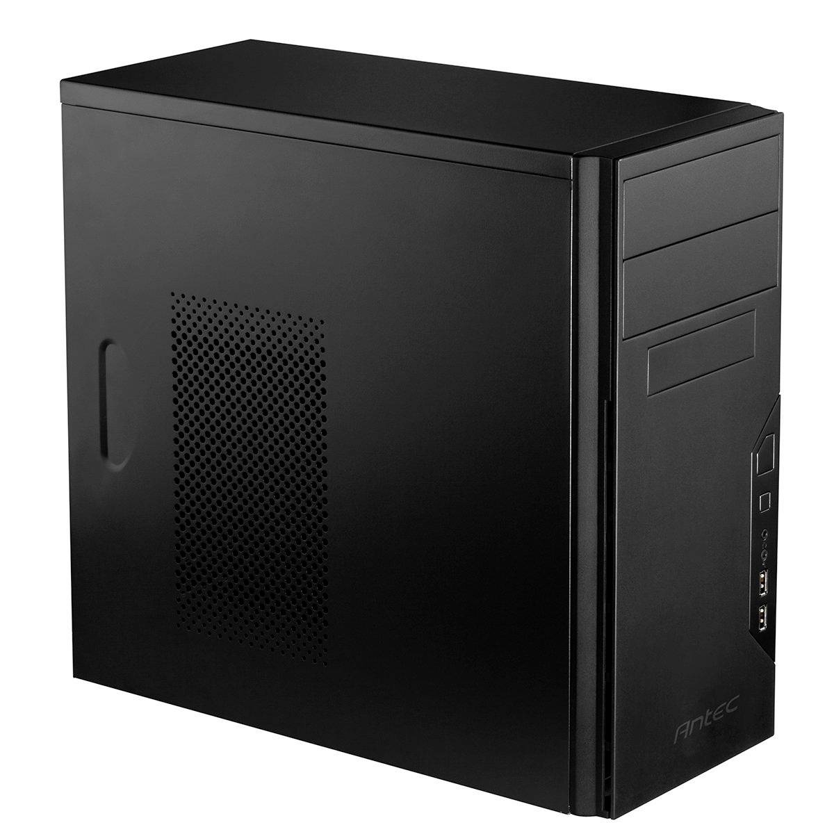 Zwart computerbehuizing met ventilatiesleuven aan de linkerkant. Voorkant met twee USB-poorten en een aan/uit-knop.
