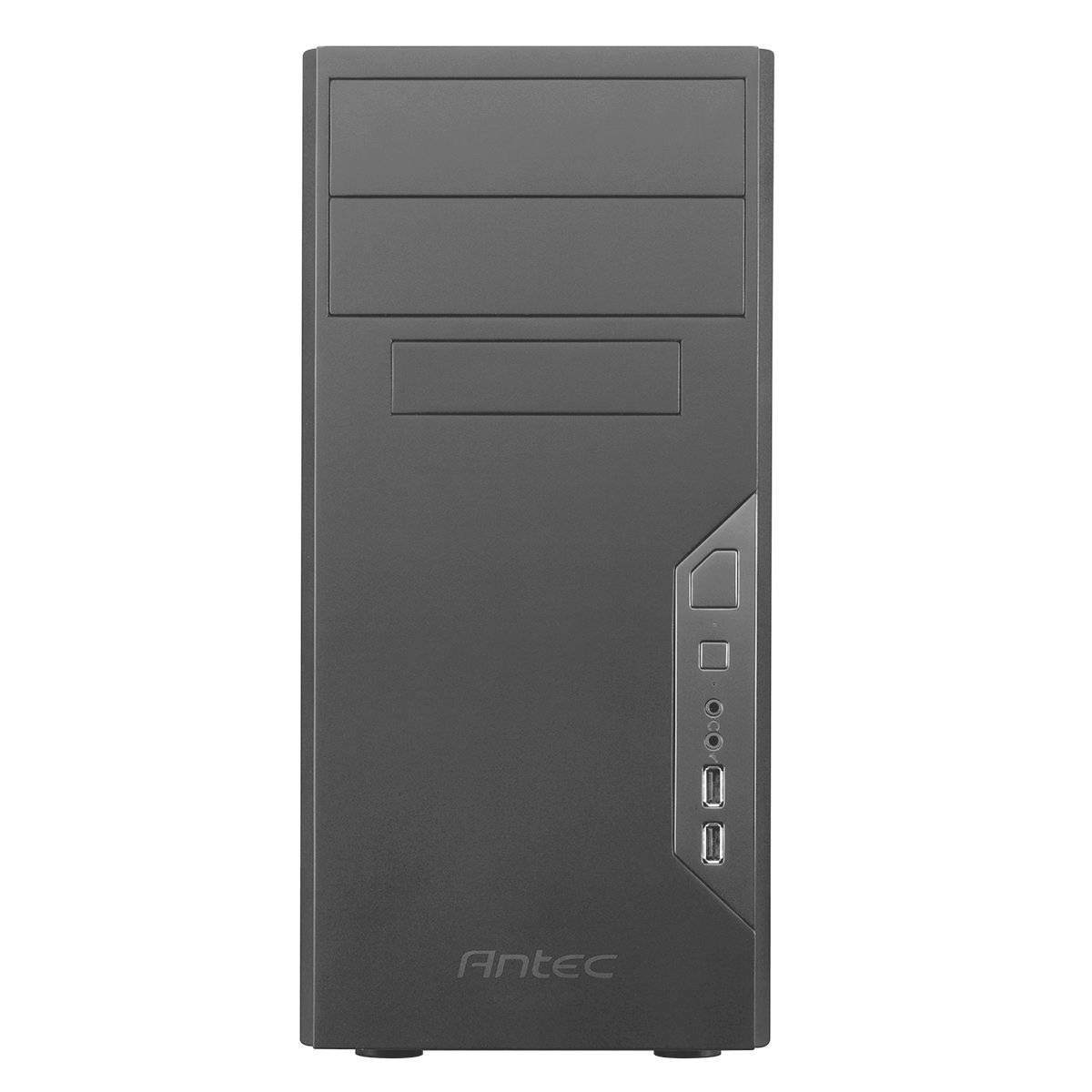 Een zwart computerbehuizing met twee schijfsleuven bovenaan en verschillende aansluitingen, waaronder USB- en audio-aansluitingen, aan de voorkant.