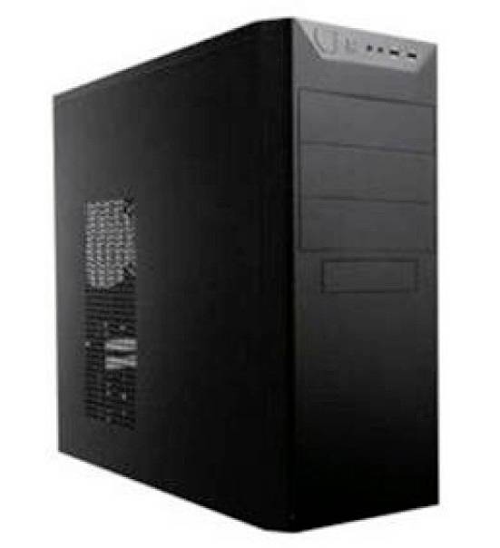 Zwart computerbehuizing met verluchtingsrooster aan de zijkant en meerdere sleuven aan de voorkant.