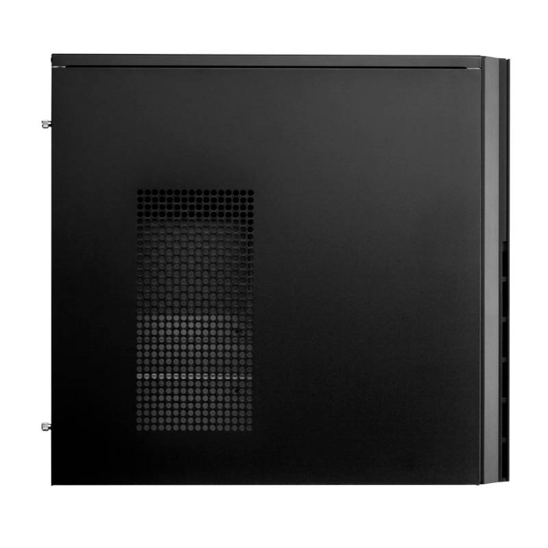 Zwart computerbehuizing met zijdelings ventilatierooster voor betere koeling.