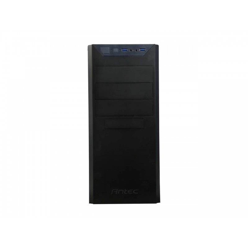 Zwart pc-behuizing van Antec met een strakke voorkant, twee USB-poorten bovenaan en ventilatiesleuven.