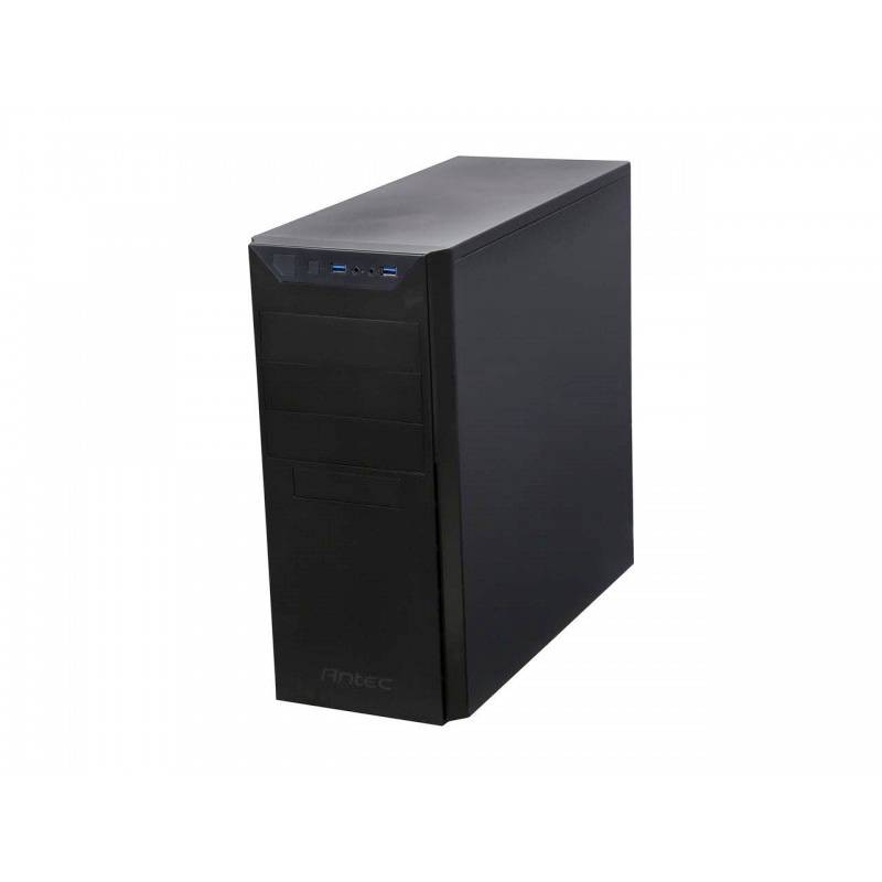 Een zwarte computerkast in toren-formaat met meerdere stationssleuven en USB-poorten aan de voorkant.