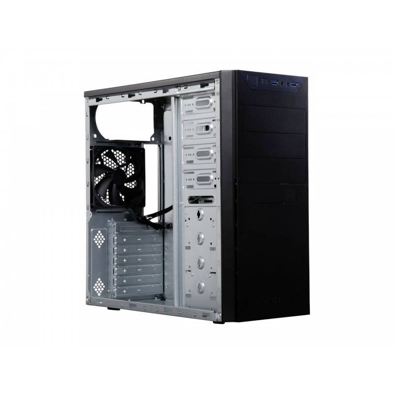 Behuizing van een desktop-pc met open zijpaneel, waarbij de stationssleuven, ventilatoren en montagerails zichtbaar zijn. Zwart-zilver design.