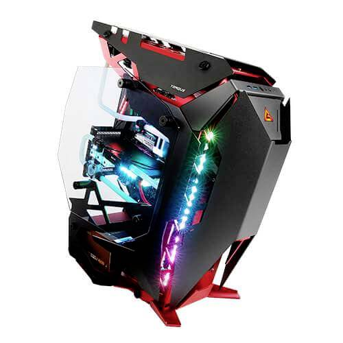 Een futuristisch ontworpen computerbehuizing met transparante zijwanden en geïntegreerde RGB-verlichting die in verschillende kleuren oplicht.