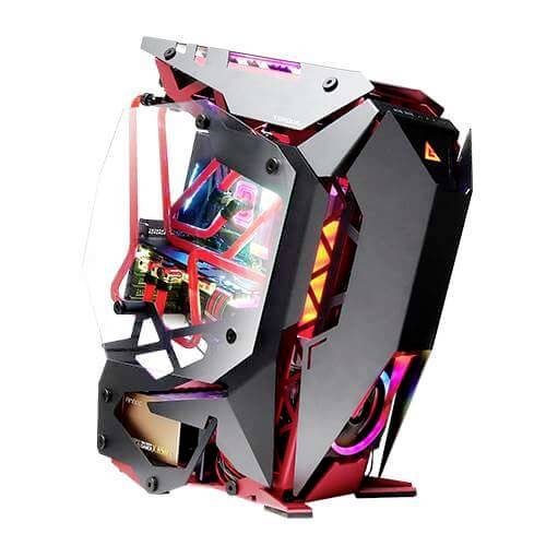 Gaming-PC met futuristisch design, zichtbare koeling en kleurrijke LED-verlichting. Plexiglas raam toont interne componenten.