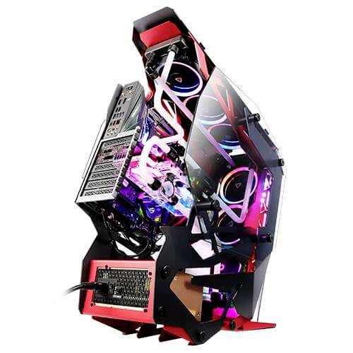 Futuristisch ontworpen computer met zichtbare interne componenten en kleurrijke LED-verlichting, gemonteerd in een open behuizing.