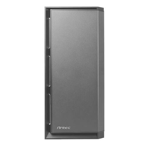 Een grijze computerbehuizing in rechthoekige vorm met een strak, modern design.