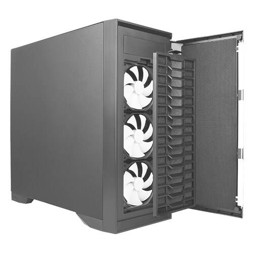 Zwart computerbehuizing met geopende voorkant, waarbij drie ventilatoren zichtbaar zijn. Ventilatierooster voor optimale koeling.