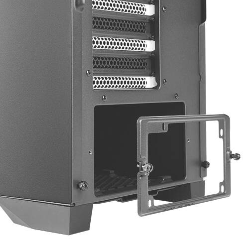 Een computerbehuizing met een geopende achterkant toont ventilatieopeningen en meerdere uitbreidingssleuven voor hardwarecomponenten.
