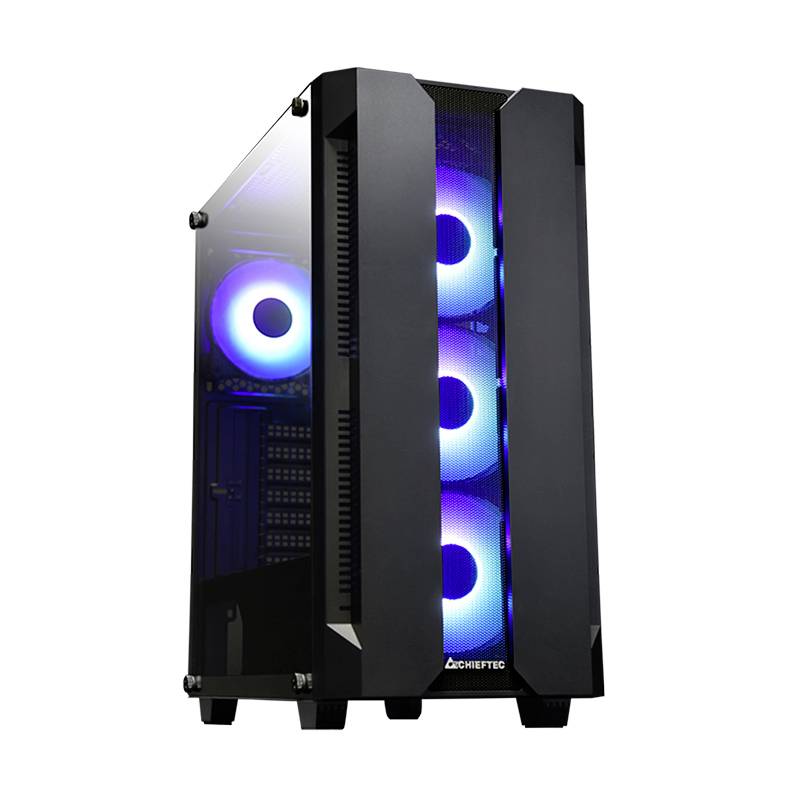 Een zij-aanzicht van een pc-toren met een zwart behuizing en drie zichtbare ventilatoren die blauwachtig oplichten.