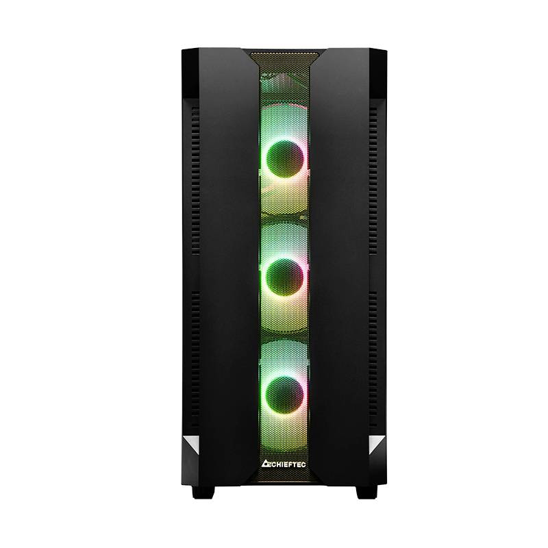Een computerbehuizing met drie verlichte ventilatoren in een verticale configuratie. De ventilatoren verlichten in meerdere kleuren.