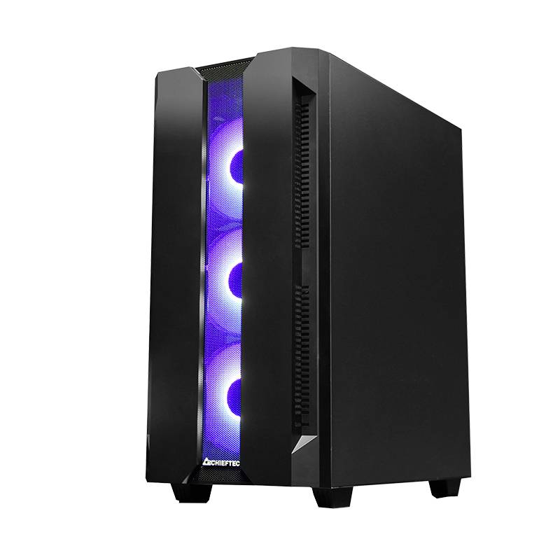 Zwart computerbehuizing met drie oplichtende blauwe ventilatoren aan de voorkant. Geschikt voor de koeling van pc-componenten.