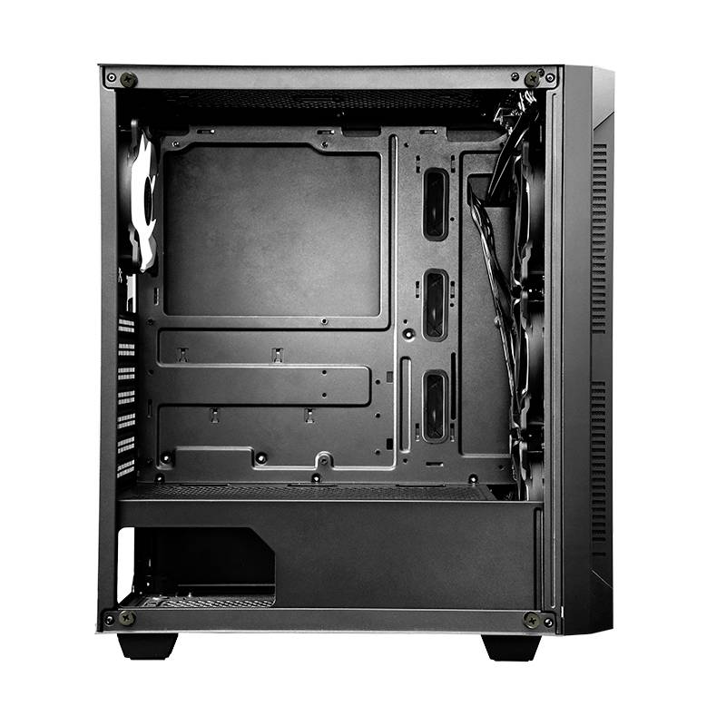 Zwart, open computerbehuizing met zichtbare binnenkant, kabelmanagement-zones en bevestigingsplaatsen voor moederbord en andere componenten.