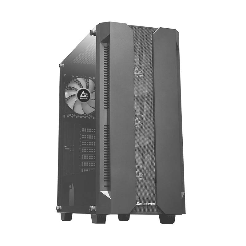 Zwart computerbehuizing met zijraam en ventilator, specifiek ontworpen voor efficiënte luchtstroom aan de binnenkant.