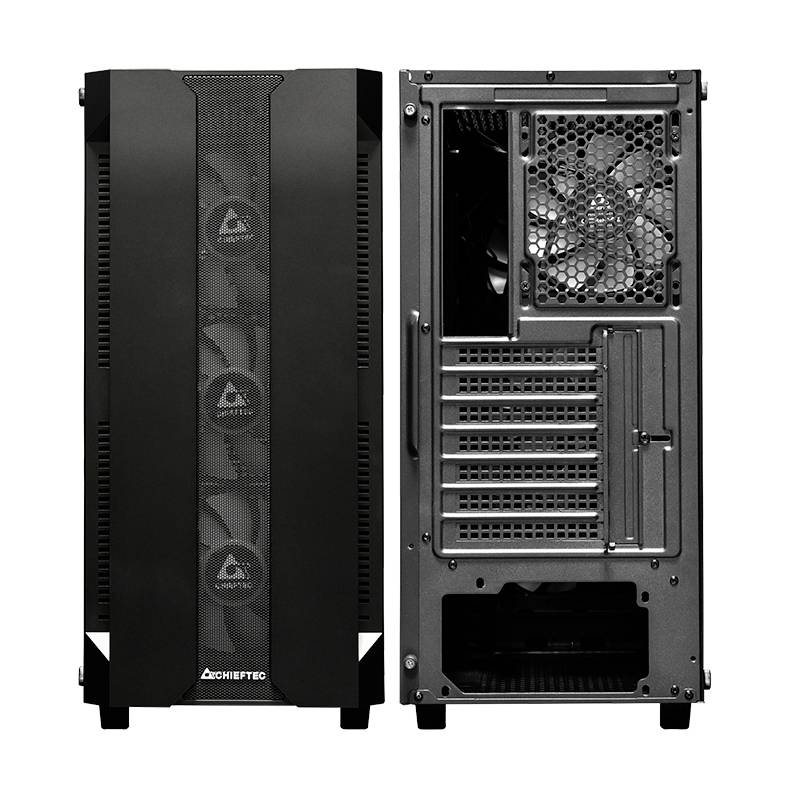 Een zwarte computerbehuizing, voor- en achteraanzicht. Aan de voorkant zijn drie ventilatoren zichtbaar, aan de achterkant zijn aansluitingen en nog een ventilator te zien.