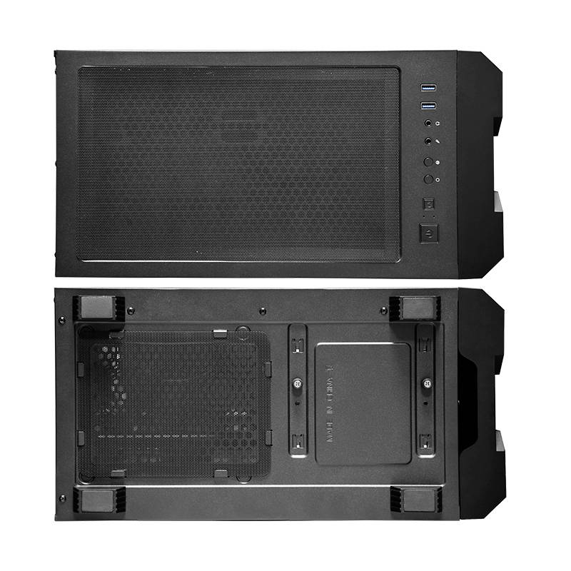 Een zwarte computerbehuizing getoond van boven en onderen. Aan de bovenkant zijn verluchtingsroosters en USB-poorten zichtbaar. Aan de onderkant zijn steunvoeten herkenbaar.