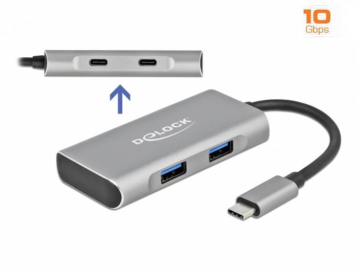 'DeLOCK USB-C-Hub met twee USB 3.0-poorten en twee USB-C-poorten. Opschrift boven: 10 Gbps.'