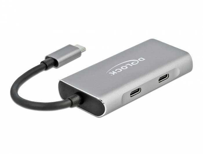 Een USB-C-hub met twee USB-C-poorten aan de zijkant en een vast aangesloten USB-C-kabel.