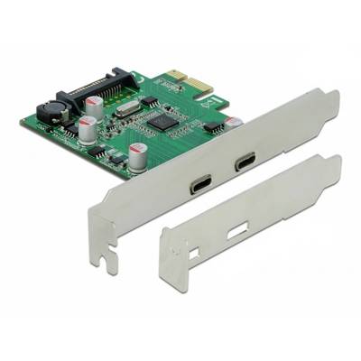Stekkaart met twee USB-C-poorten en adapterprint, voor inbouw in computerbehuizing, groene printplaat met zichtbare elektronische componenten.