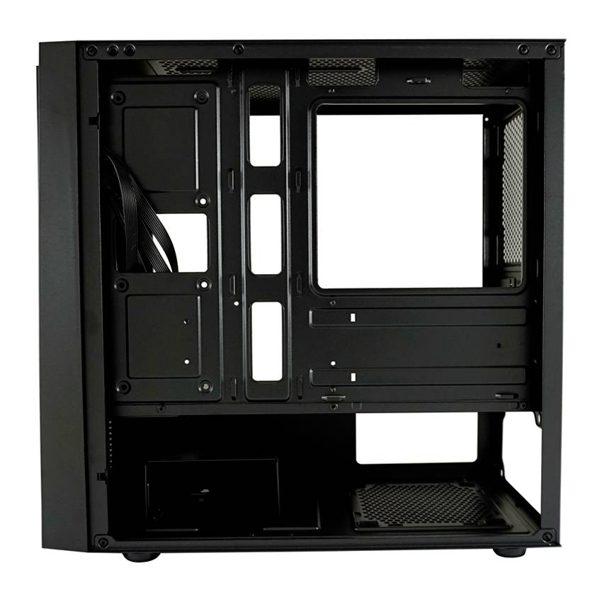 Zwart computerbehuizing zonder componenten, toont interne structuur met kabelopeningen en ruimte voor moederbord en stations.