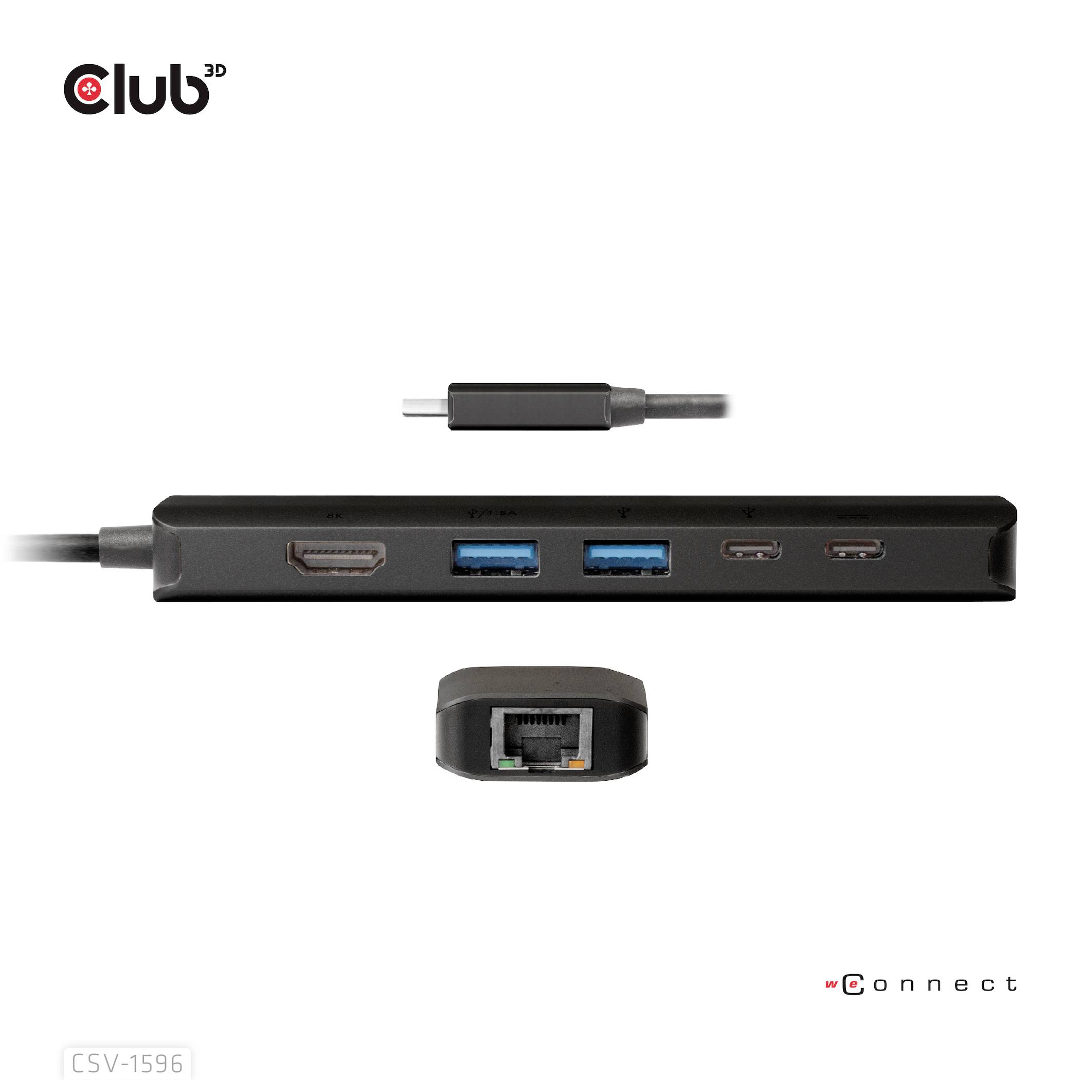 De USB-C-adapter beschikt over aansluitingen: HDMI, twee USB 3.0, USB-C en Ethernet. Perfect voor uitgebreide connectiviteit op apparaten.