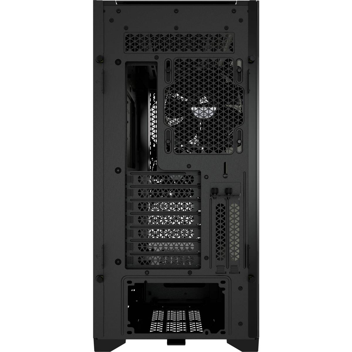 Zwart computerbehuizing, achteraanzicht. Behuizing met ventilatieopening, meerdere uitbreidingsslots en ventilatorrooster.