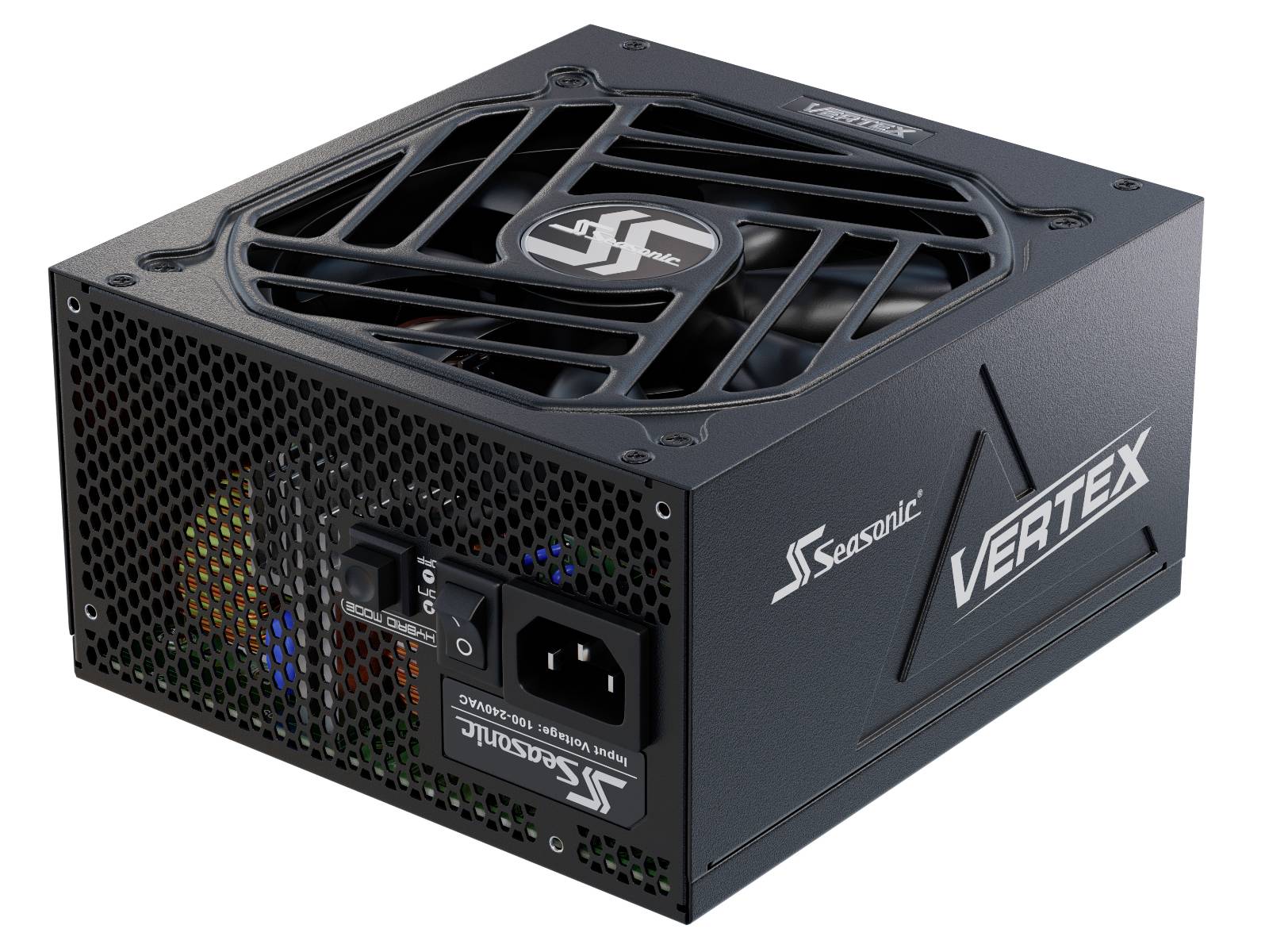 Een zwarte Seasonic PC-voeding genaamd 'VERTEX' met ventilatorrooster en meerdere aansluitpoorten. Ventilator zichtbaar door het rooster.