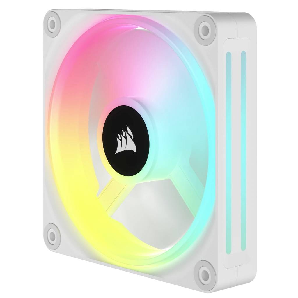 Een witte computerventilator met RGB-verlichting die in meerdere kleuren oplicht. Het logo toont een zeil en is gecentreerd geplaatst.