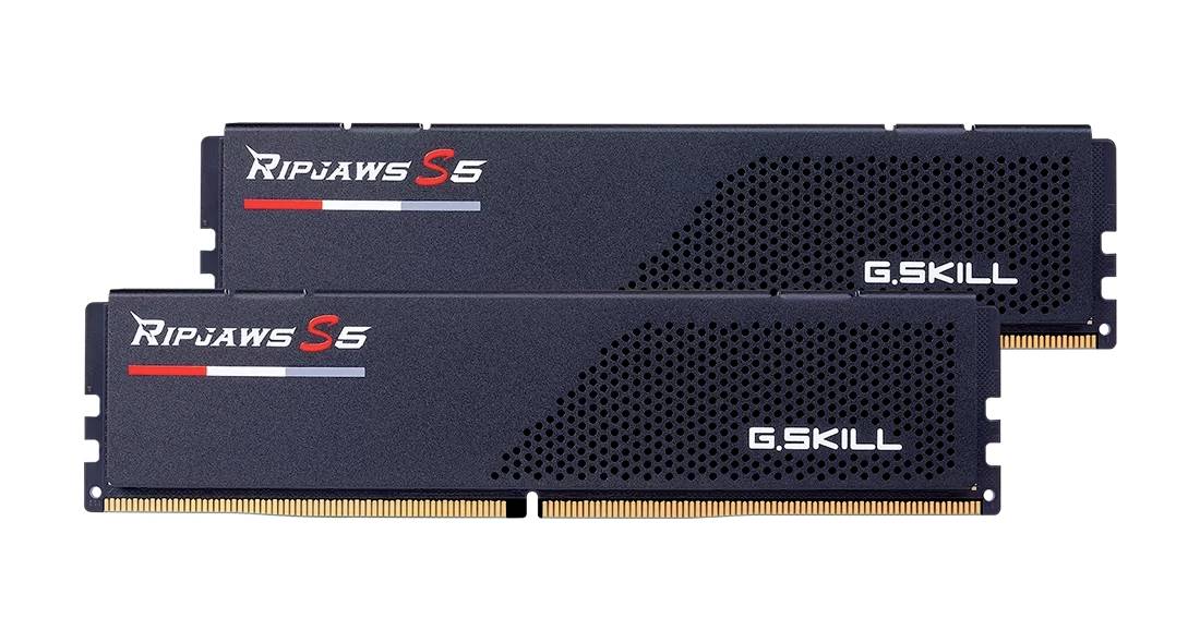 Twee G.SKILL Ripjaws S5 RAM-modules, met zwarte heatspreader en gouden aansluiting. Geschikt voor krachtige computers.