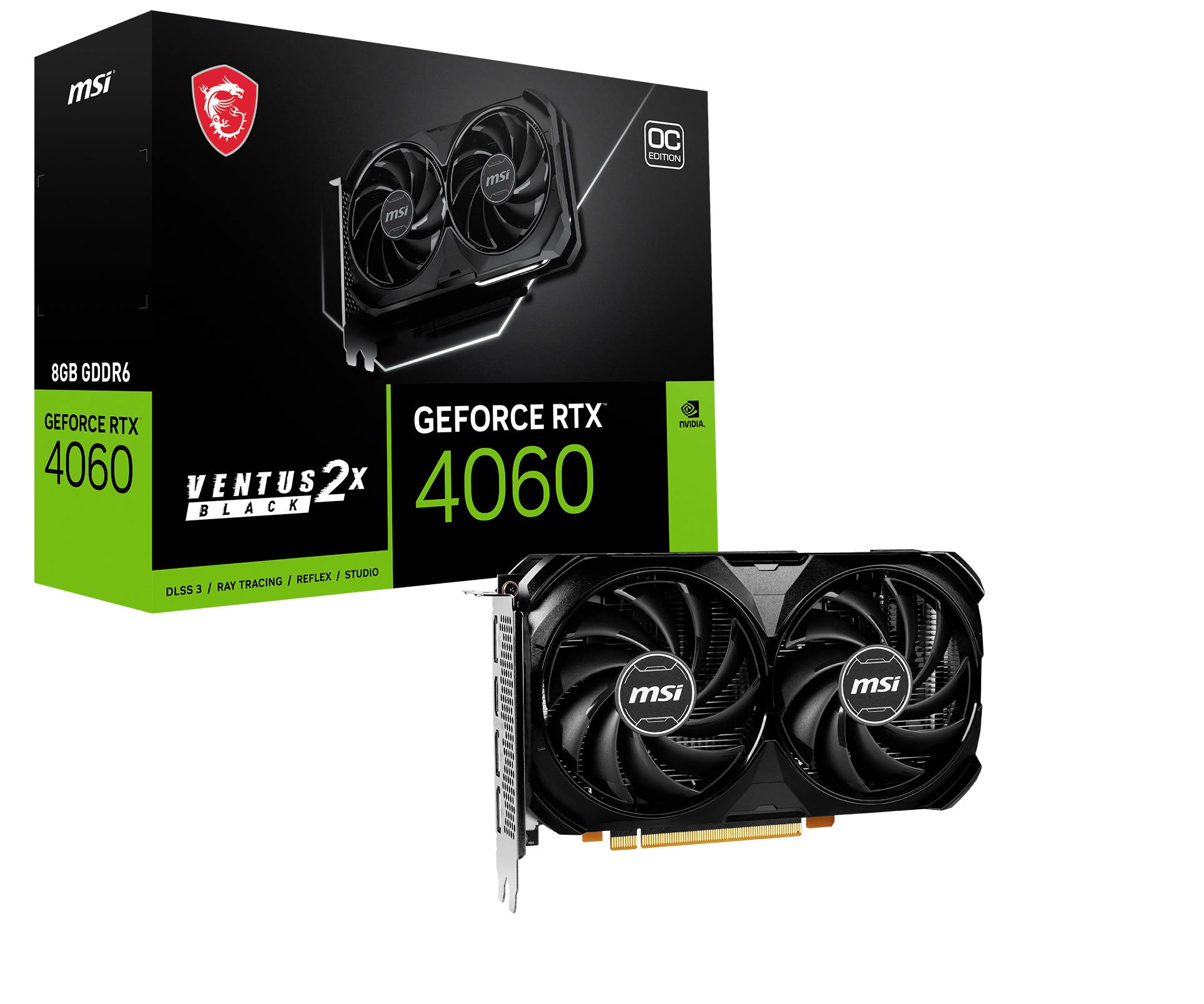 Grafische kaart MSI Ventus GeForce RTX 4060' voor verpakking. Productbeschrijving en afbeelding van de grafische kaart, 8 GB GDDR6 VRAM.