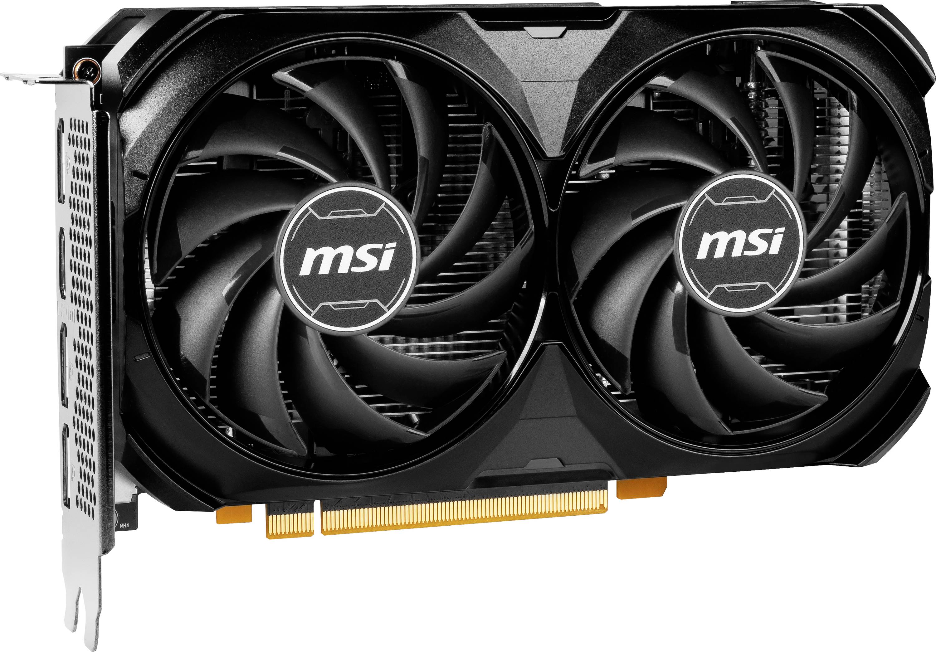 Grafische kaart van MSI met twee grote ventilatoren. Hij heeft een zwarte koelbehuizing en een gouden PCI-Express-aansluiting.