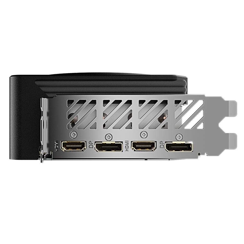 Videokaart close-up, toont de aansluitkant met verschillende poorten: HDMI, DisplayPort en USB-C. Ventilatoren zijn gedeeltelijk zichtbaar.
