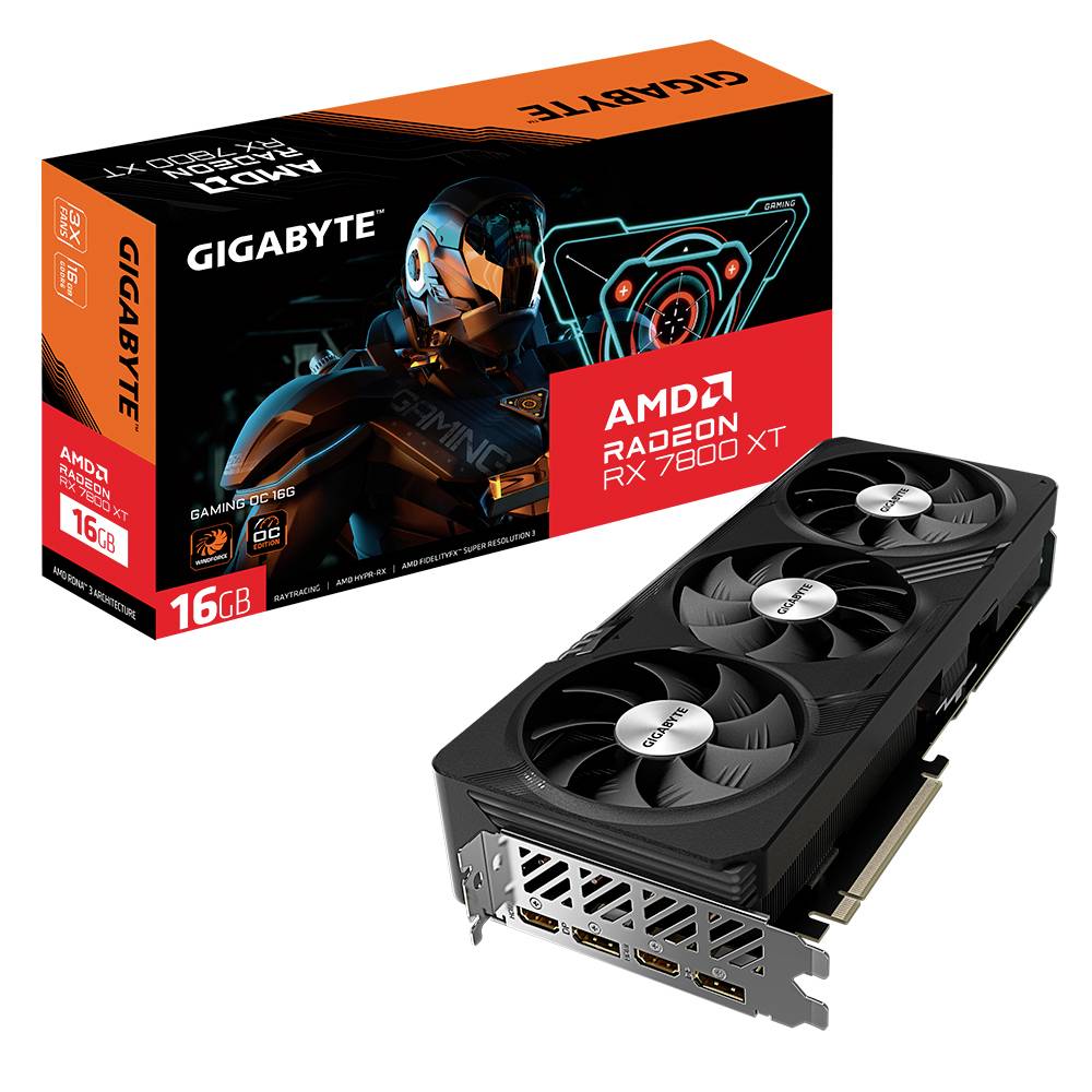 Een AMD Radeon RX 7800 XT videokaart naast de verpakking met een oranje ontwerp en technische specificaties, waaronder 16 GB geheugen.