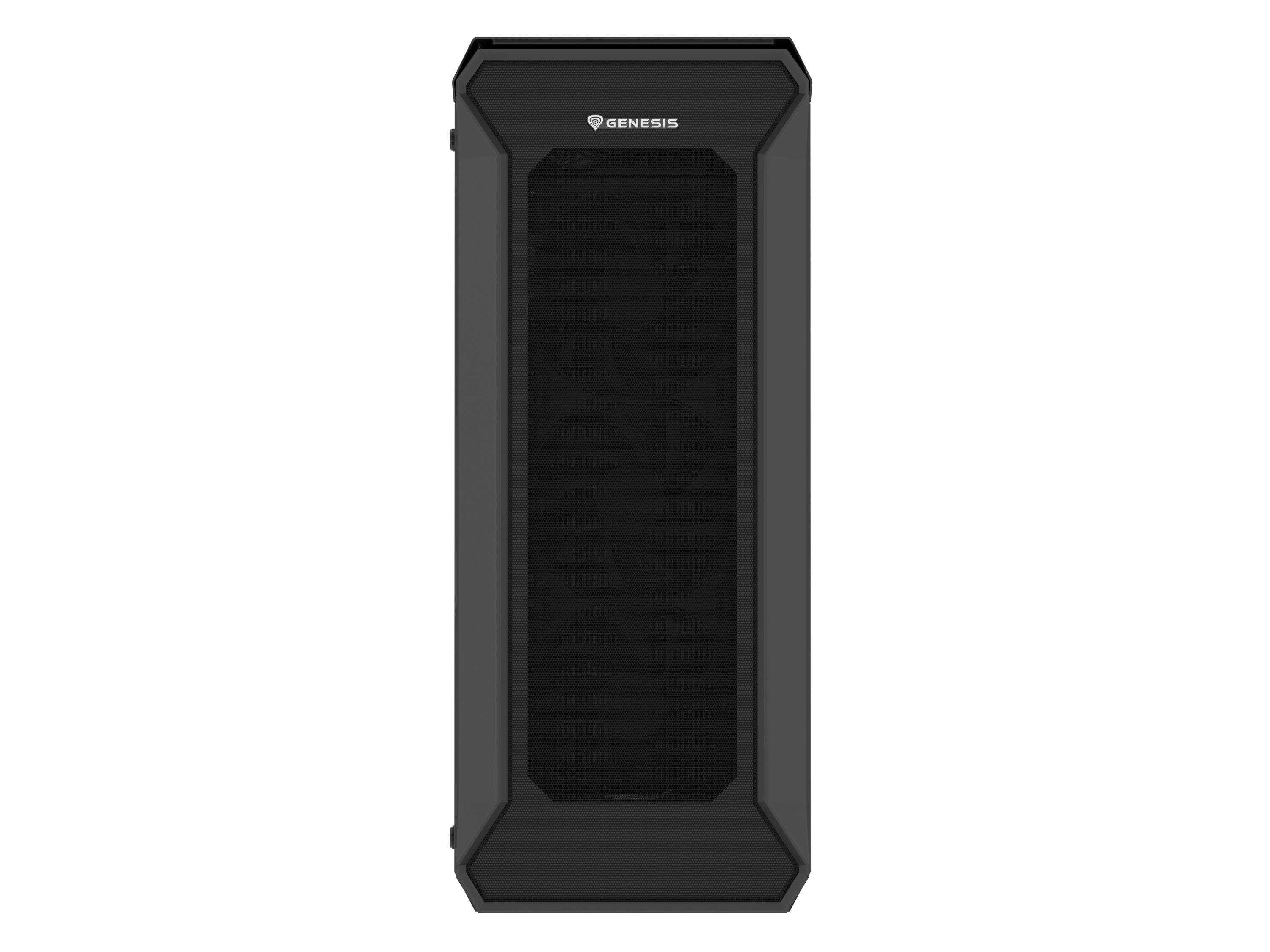 Zwart-grijs computerbehuizing met mesh-frontpaneel en rechthoekige vorm, geschikt voor montage van pc-componenten.