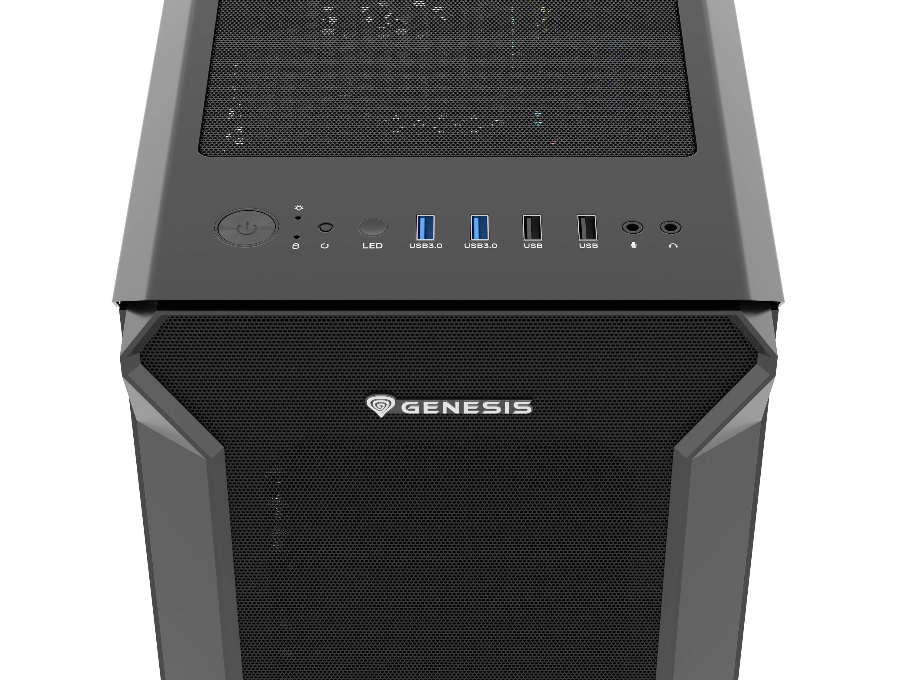 Computerbehuizing met USB-poorten en aan/uit-knop bovenaan. Merk 'Genesis'. Zwart design. Ideaal voor PC-bouwprojecten.
