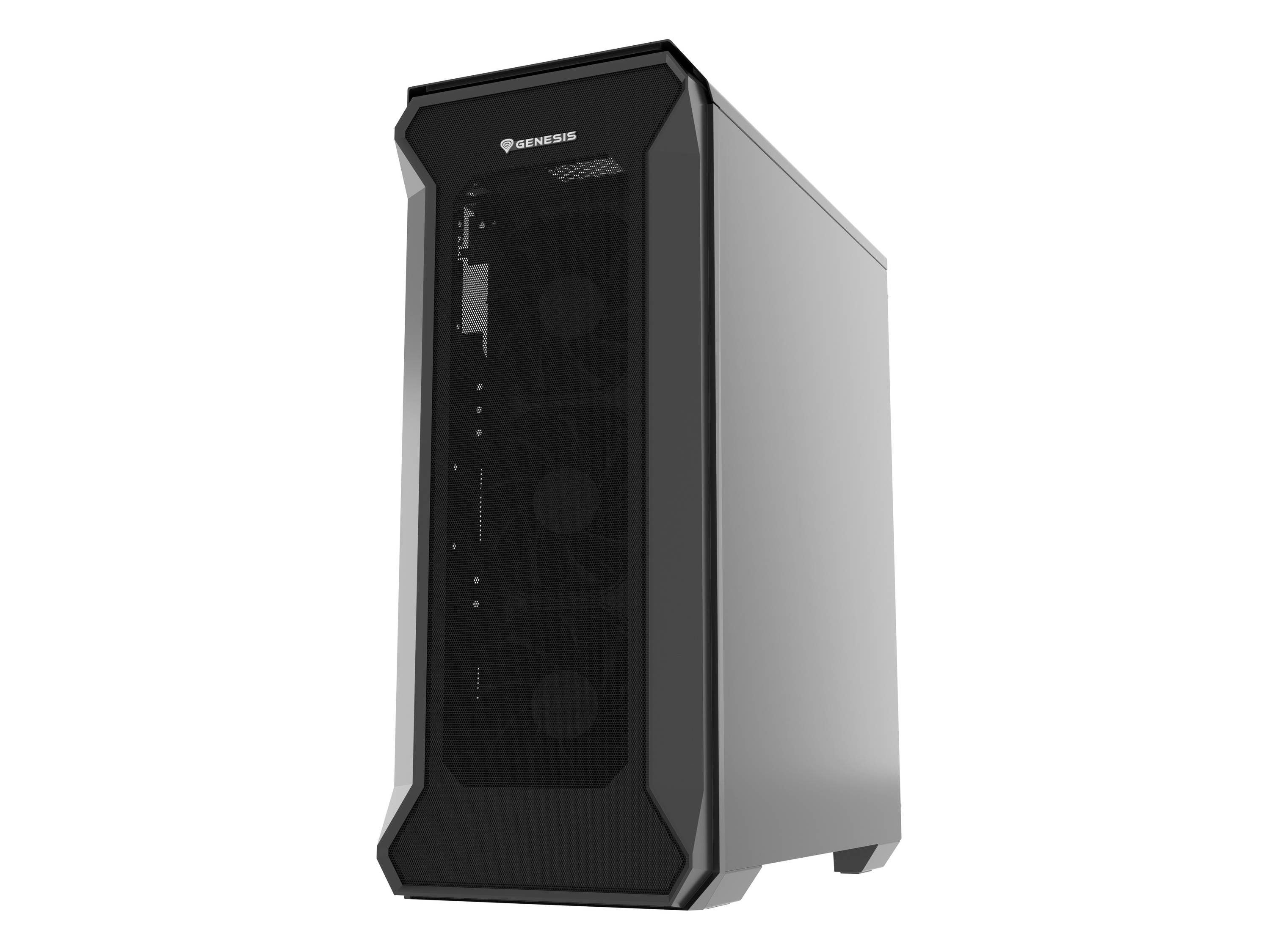 Een zwarte computerbehuizing met een transparant raam aan de voorkant, waarachter meerdere ventilatoren in het binnenste zichtbaar zijn.